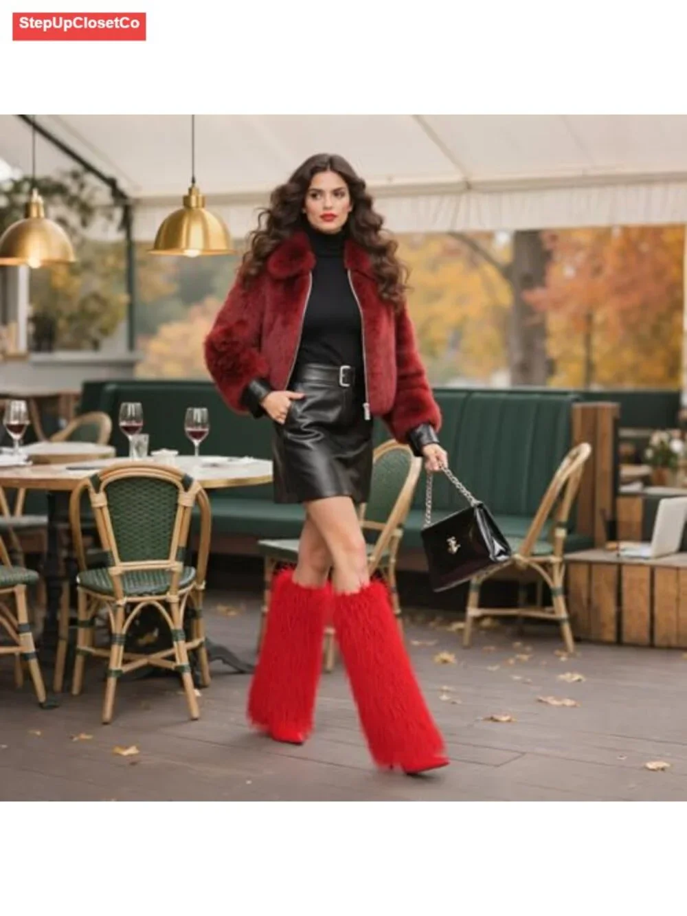 Faux Fur Faux Leather Wide Calf Knee High Stiletto Boots Women Pointed Toe